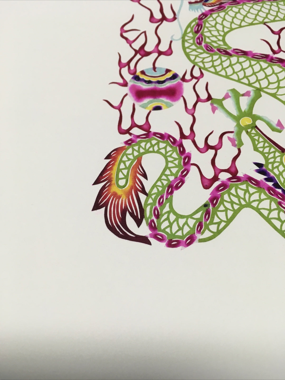 Antique Asian Chinese paper cut detailed Hand Colored Dragon/Long With Ball5