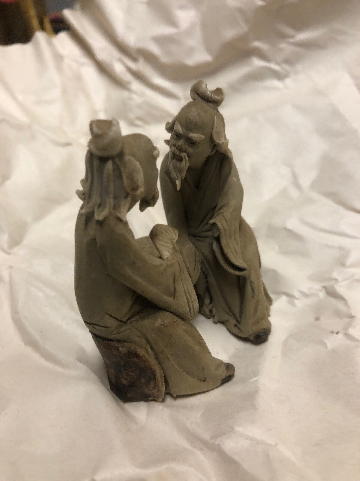 2 Lot Vintage Mudman Chinese Pottery Figurine Statue Men Playing Chess Checkers7