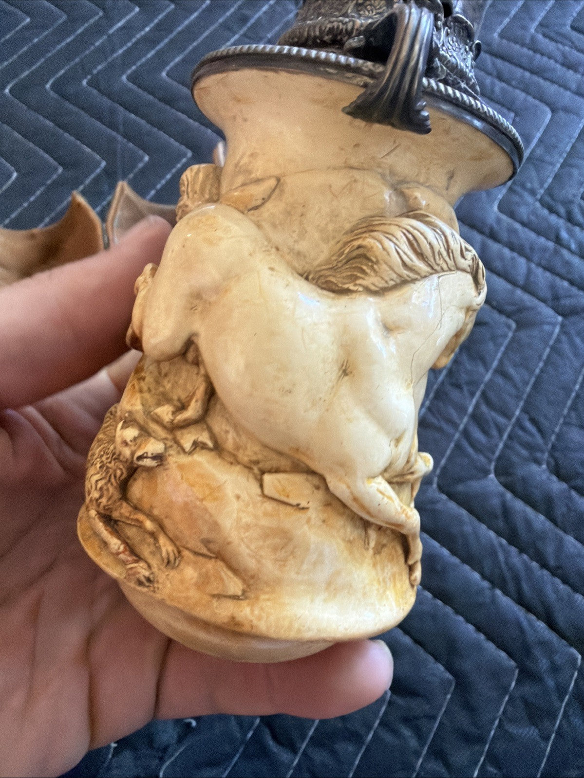 LARGE Antique 1800's hand carved W Sterling Silver meerschaum pipe Horse2
