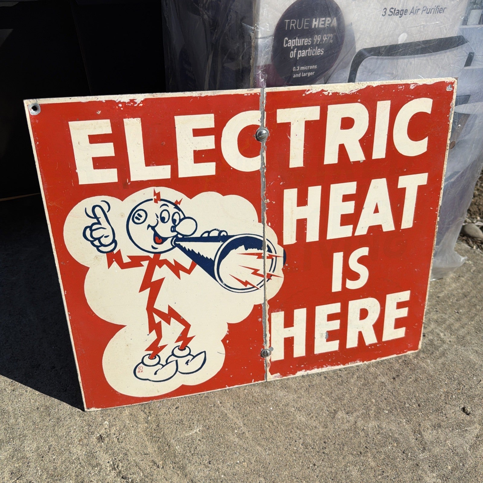 Original 1950-60s Reddy Kilowatt Electric Heat Is Here Company Sign 20” X 16”0