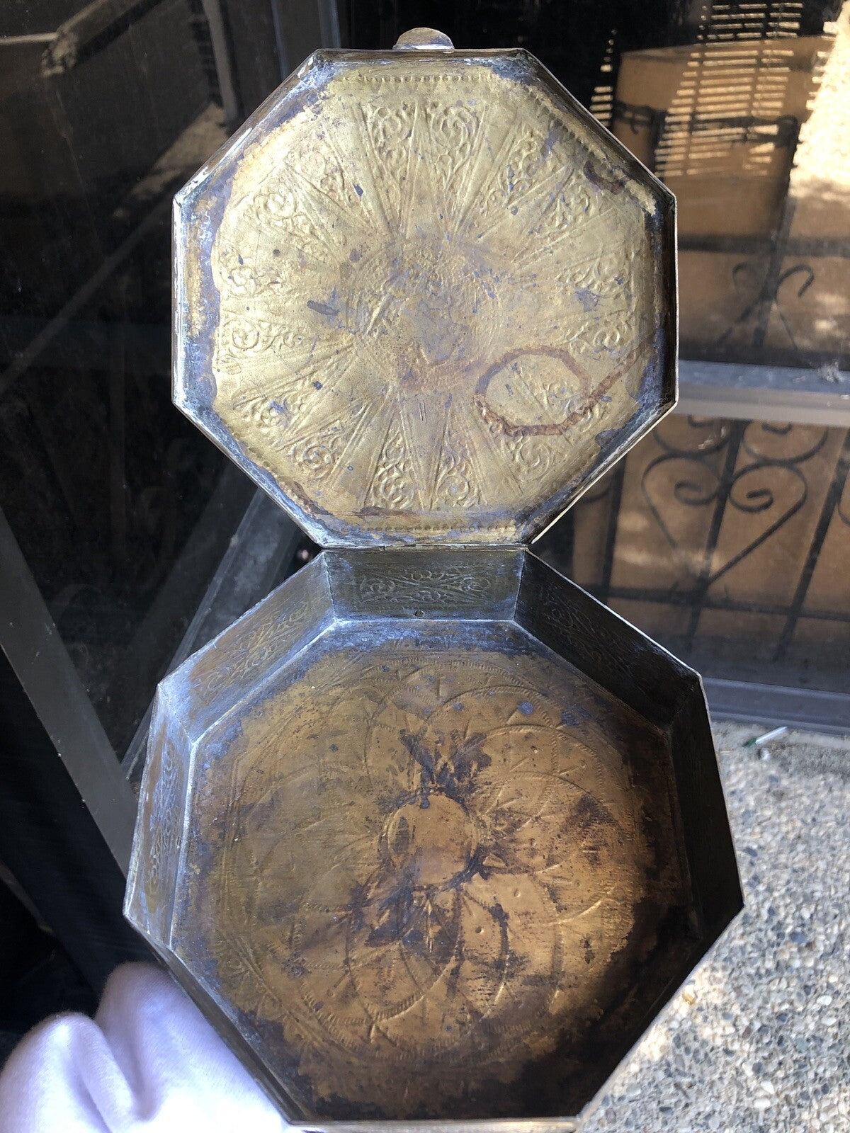Antique Brass Asian Hexagon Box 7”x2” Jewelry Box8