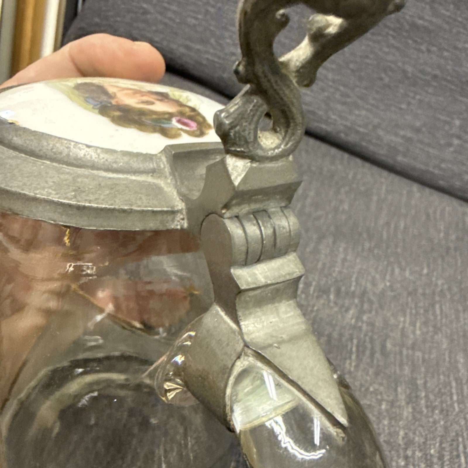 Antique German Etched Glass Porcelain Girl Beer Heavy Crystal Stein5