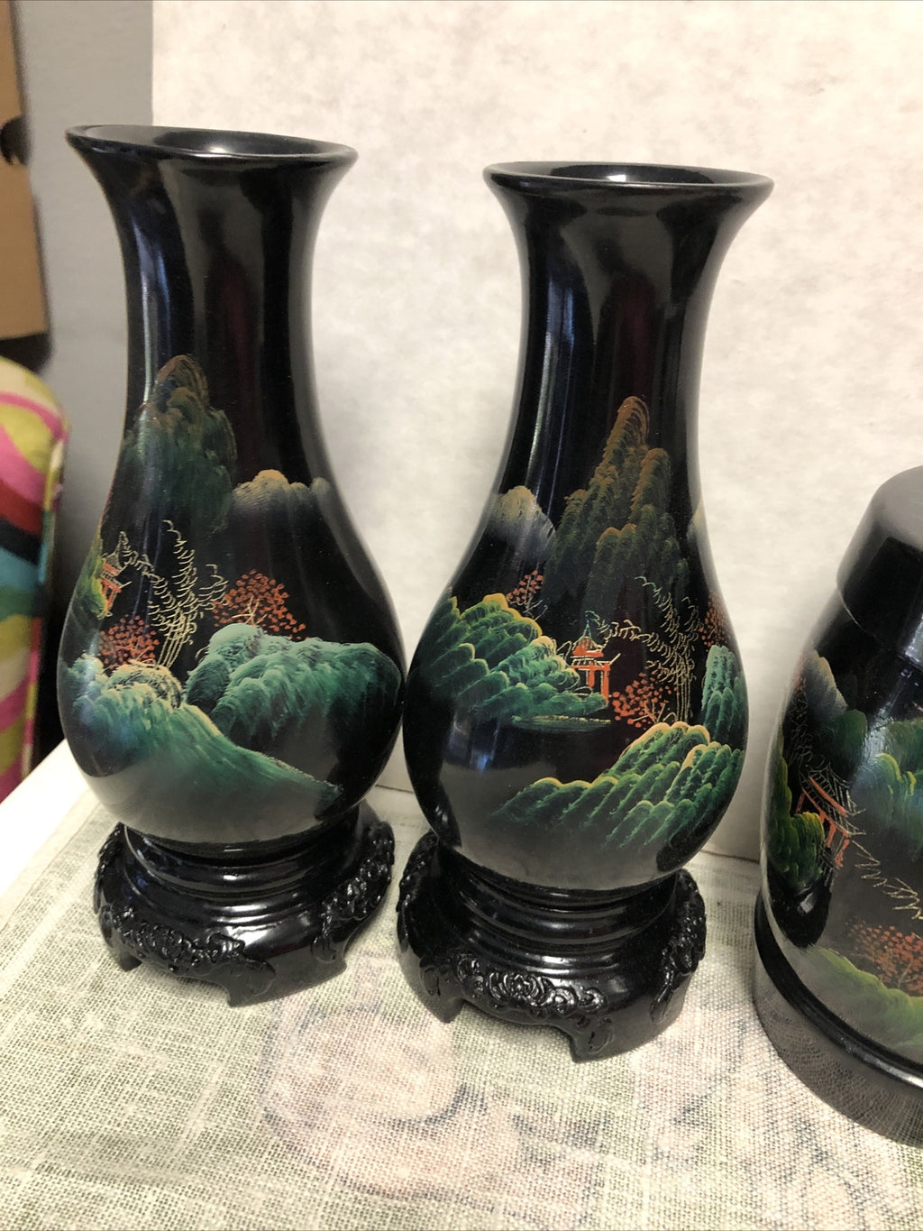 Vintage Fujian Lacquer Ware Asian Black Hand Painted Lot Of 61
