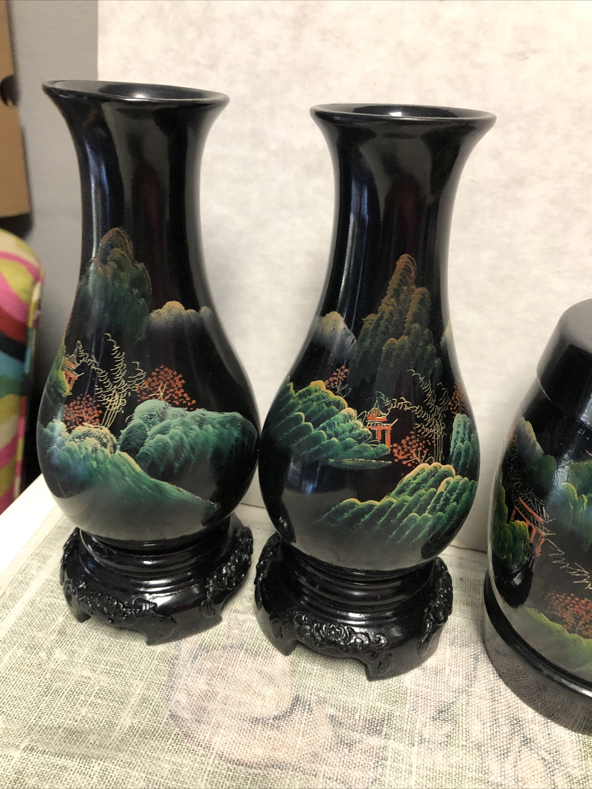 Vintage Fujian Lacquer Ware Asian Black Hand Painted Lot Of 61