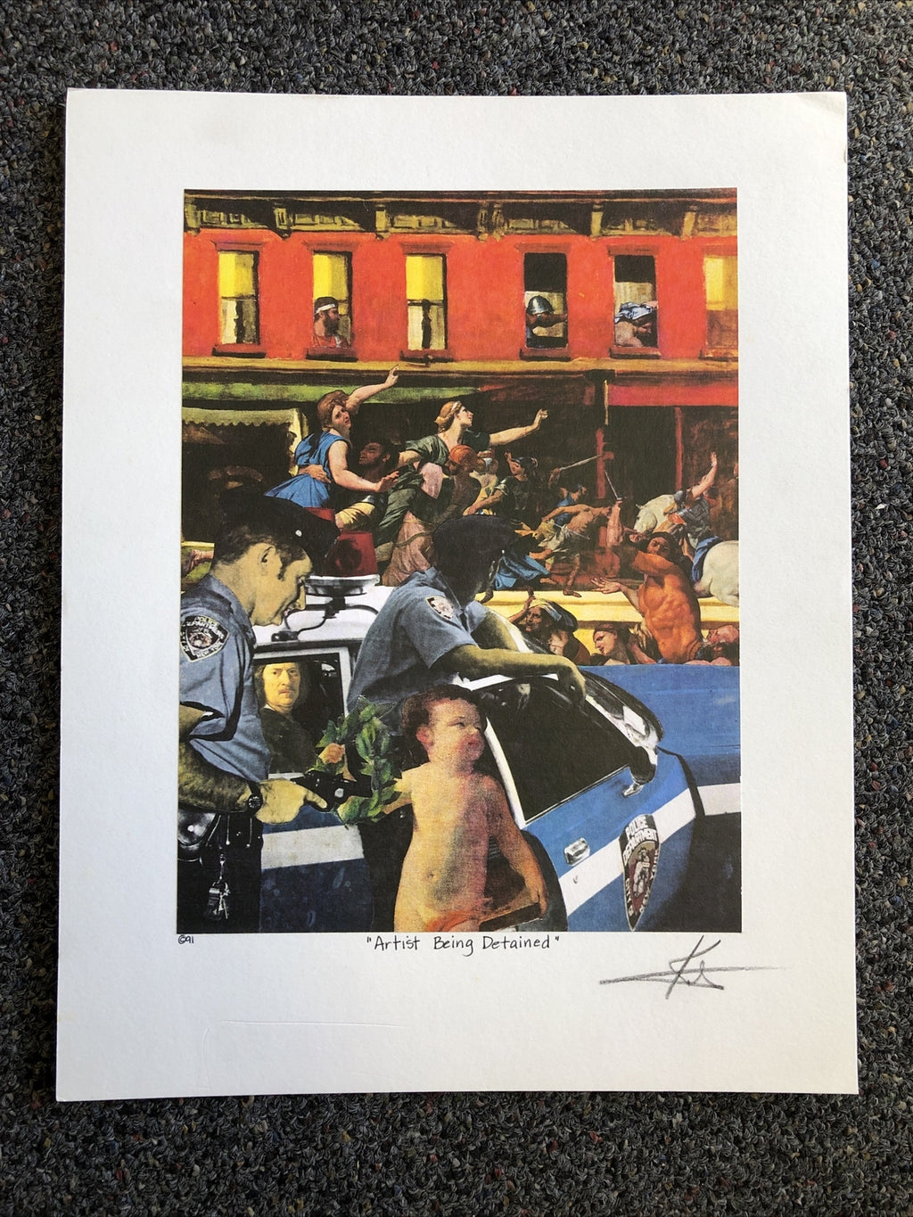 1991 Artist BARRY KITE Signed Art Print “Artist Being Detained” Pop Art 14”x11”0