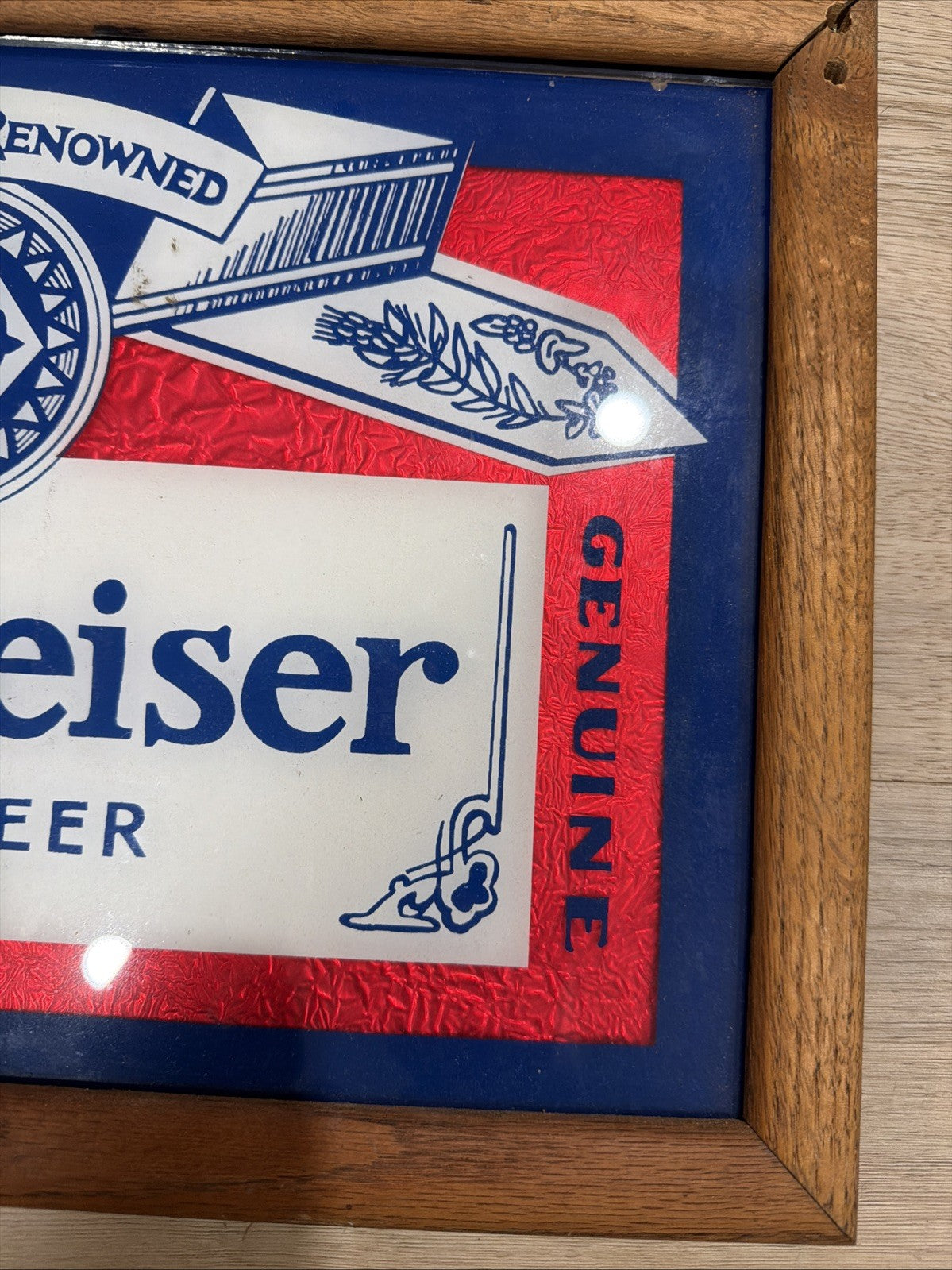 Vintage 1980s Budweiser World Renowne Wood Framed  Beer Sign 17.5" x 11.5 Unique3