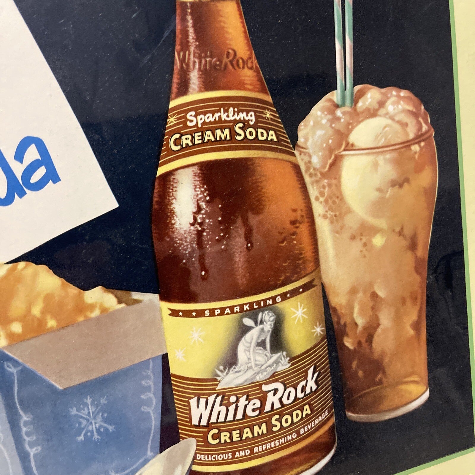 Original Vintage 1949 White Rock Cream Soda Cardboard Not Porcelain Sign 21”x22”4