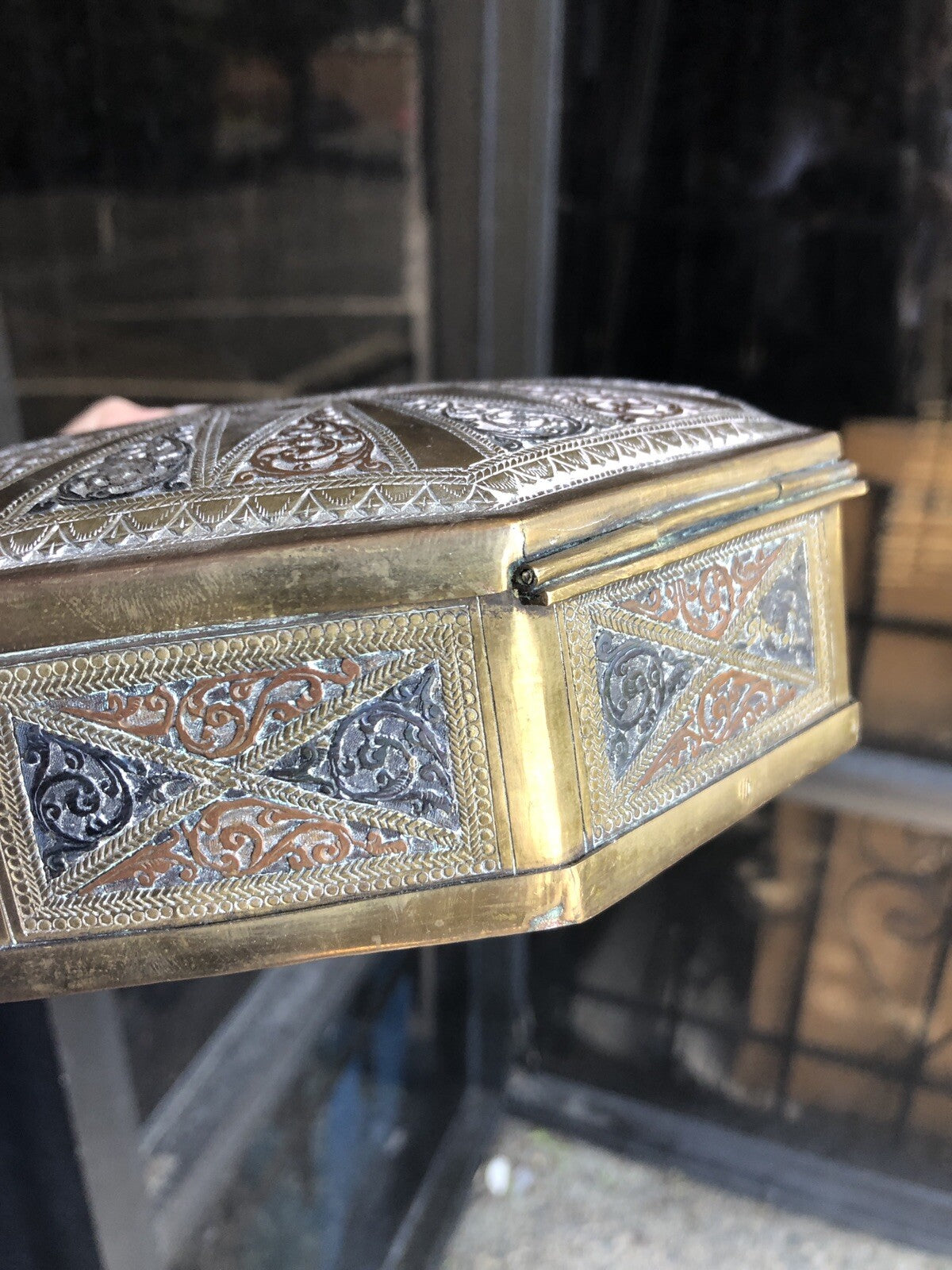 Antique Brass Asian Hexagon Box 7”x2” Jewelry Box3