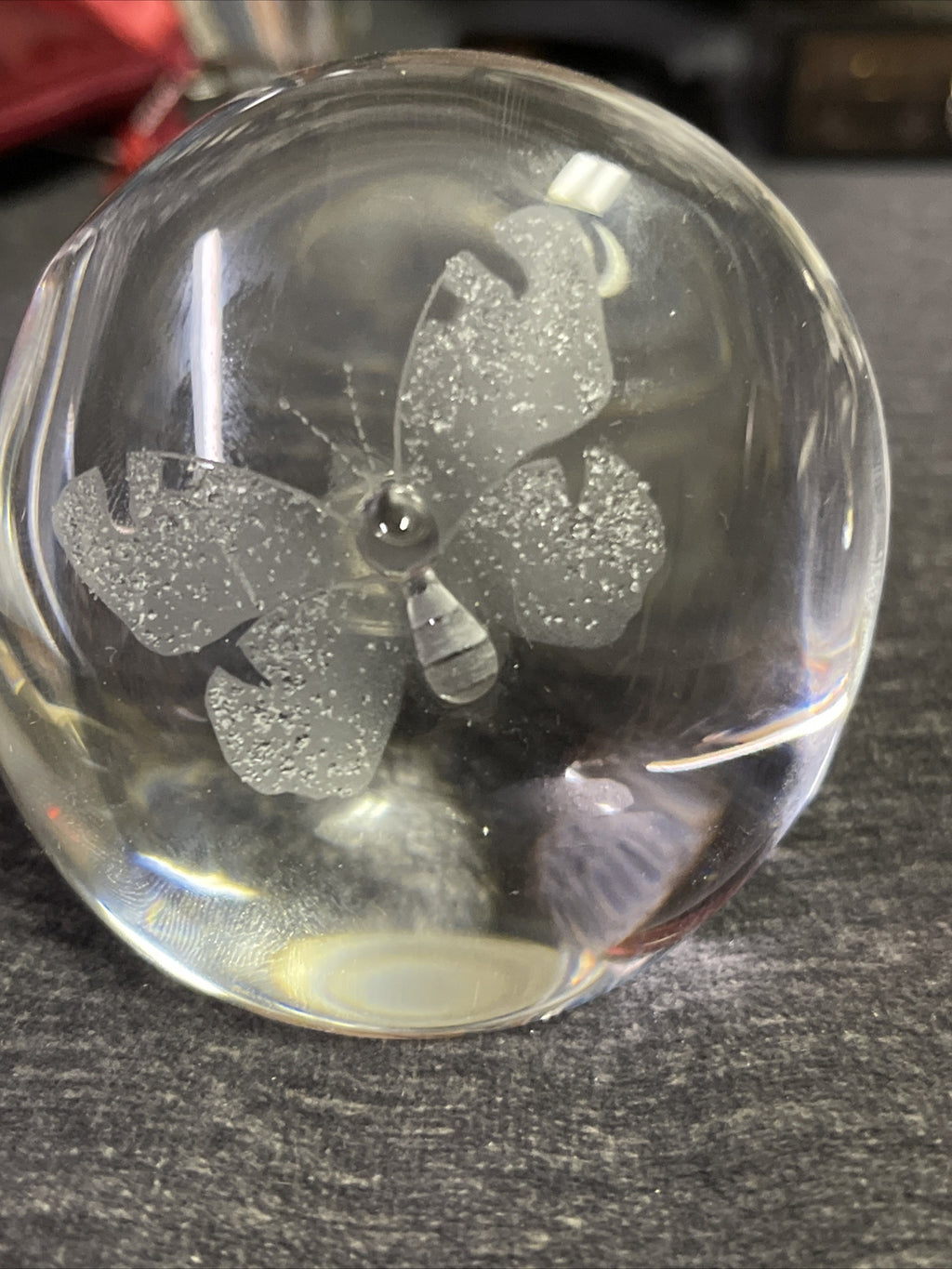 Mats Jonasson Butterfly Paperweight Clear Sculpture Etched Signed Plus Sticker0