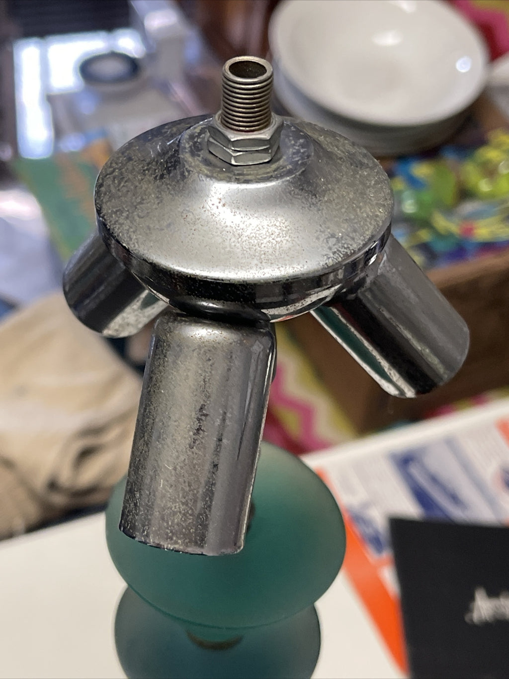 True Vtg MCM Atomic Chrome Blue Celluloid Skyscraper Lamp 3 Bulb Articulated2