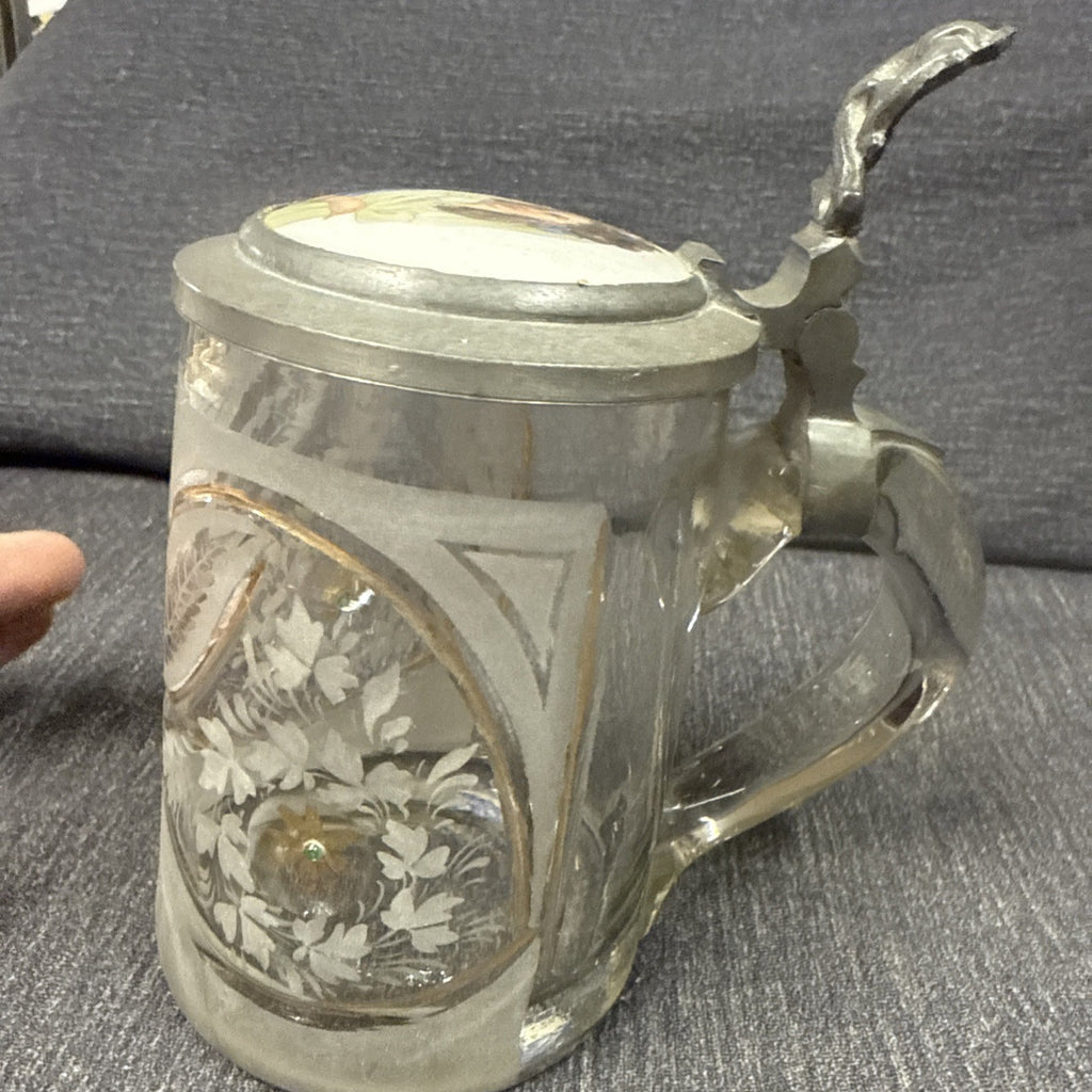 Antique German Etched Glass Porcelain Girl Beer Heavy Crystal Stein3