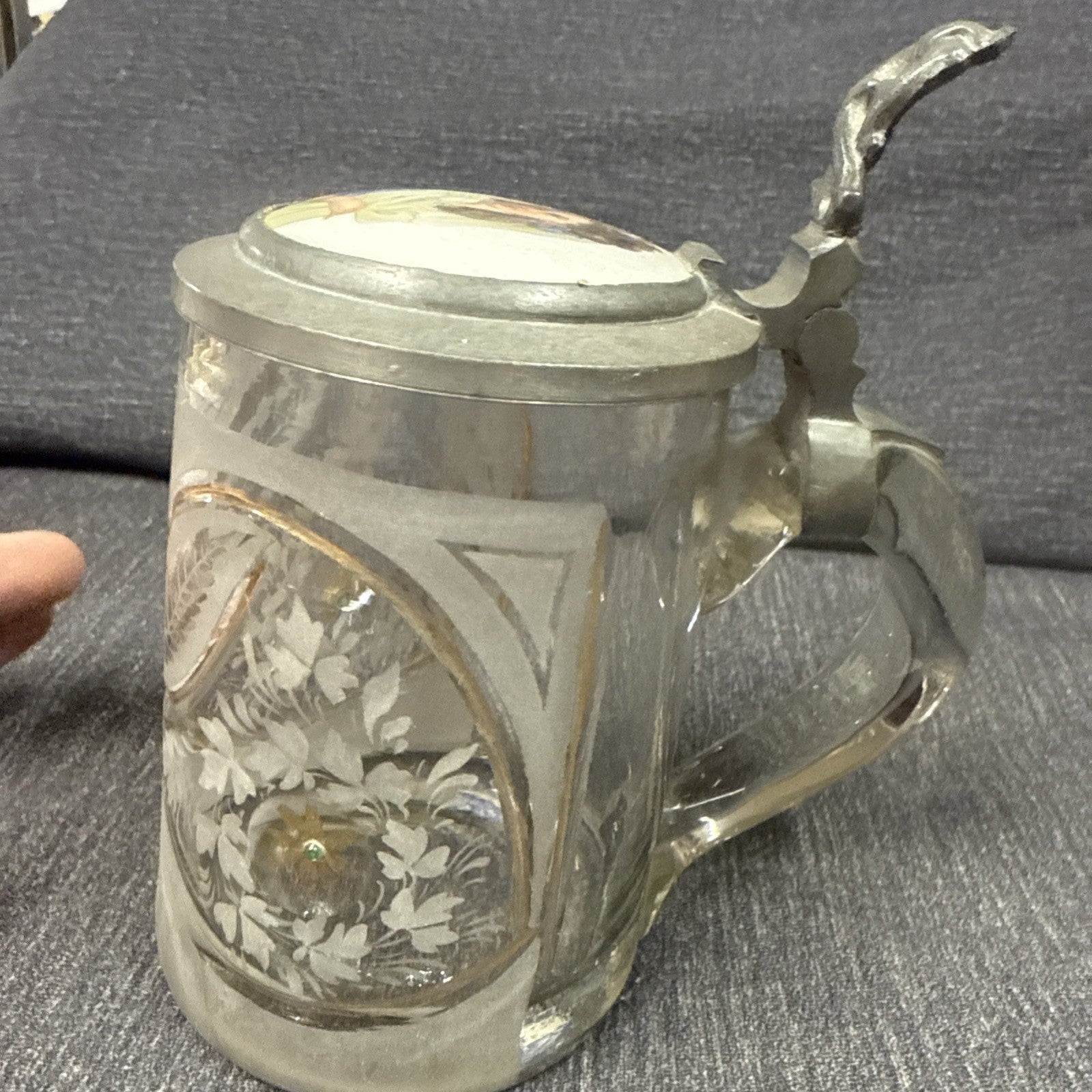 Antique German Etched Glass Porcelain Girl Beer Heavy Crystal Stein3