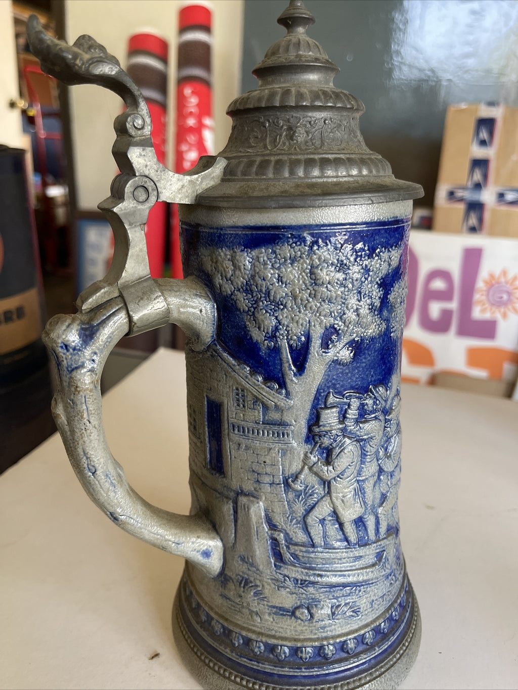 Large Antique Salt-Glazed 1L German Beer Stein Mug #1084 Cobalt Mug1