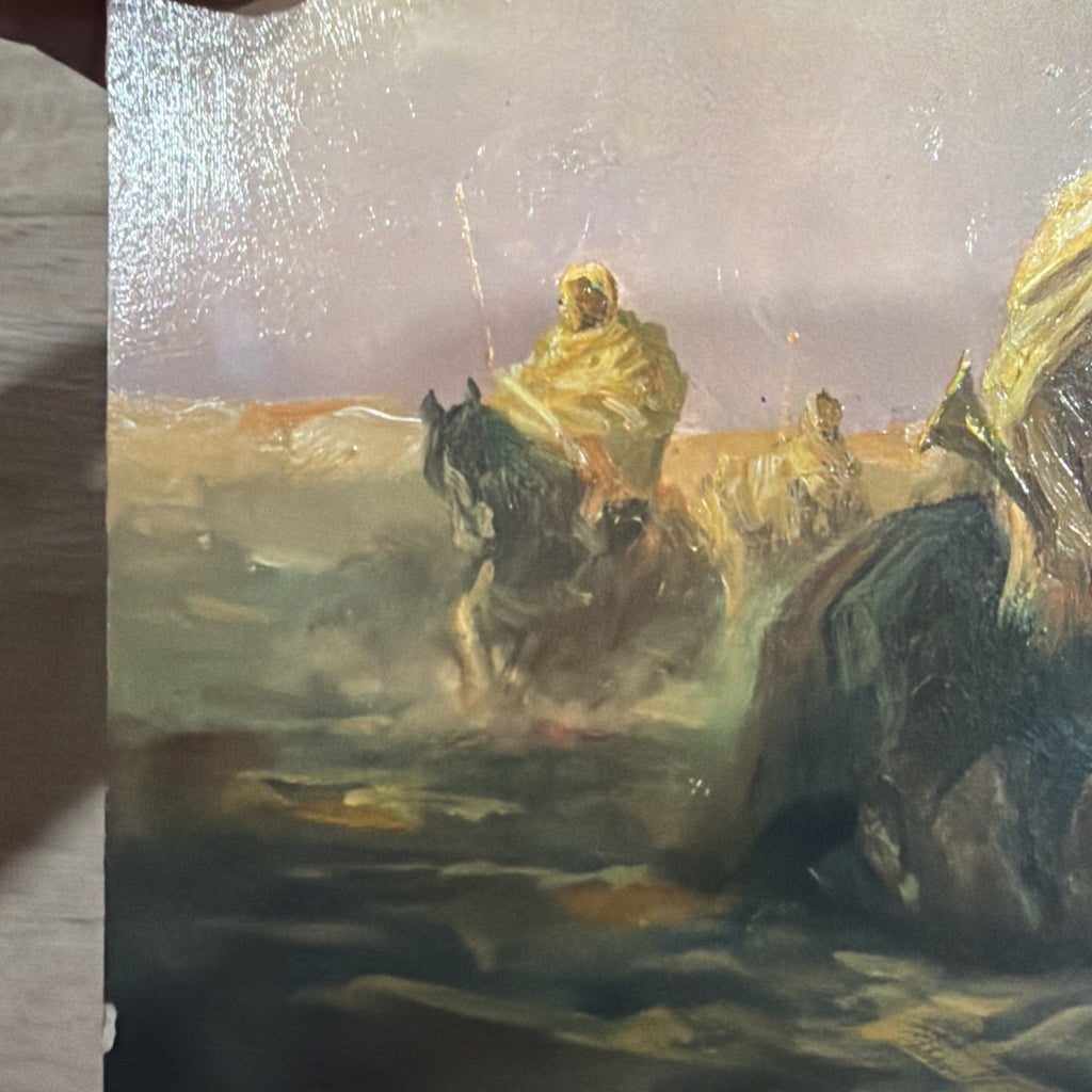OLD ANTIQUE Ottoman ARAB LANDSCAPE OIL PAINTING Horse MAN MUSLIM Warrior Caravan8