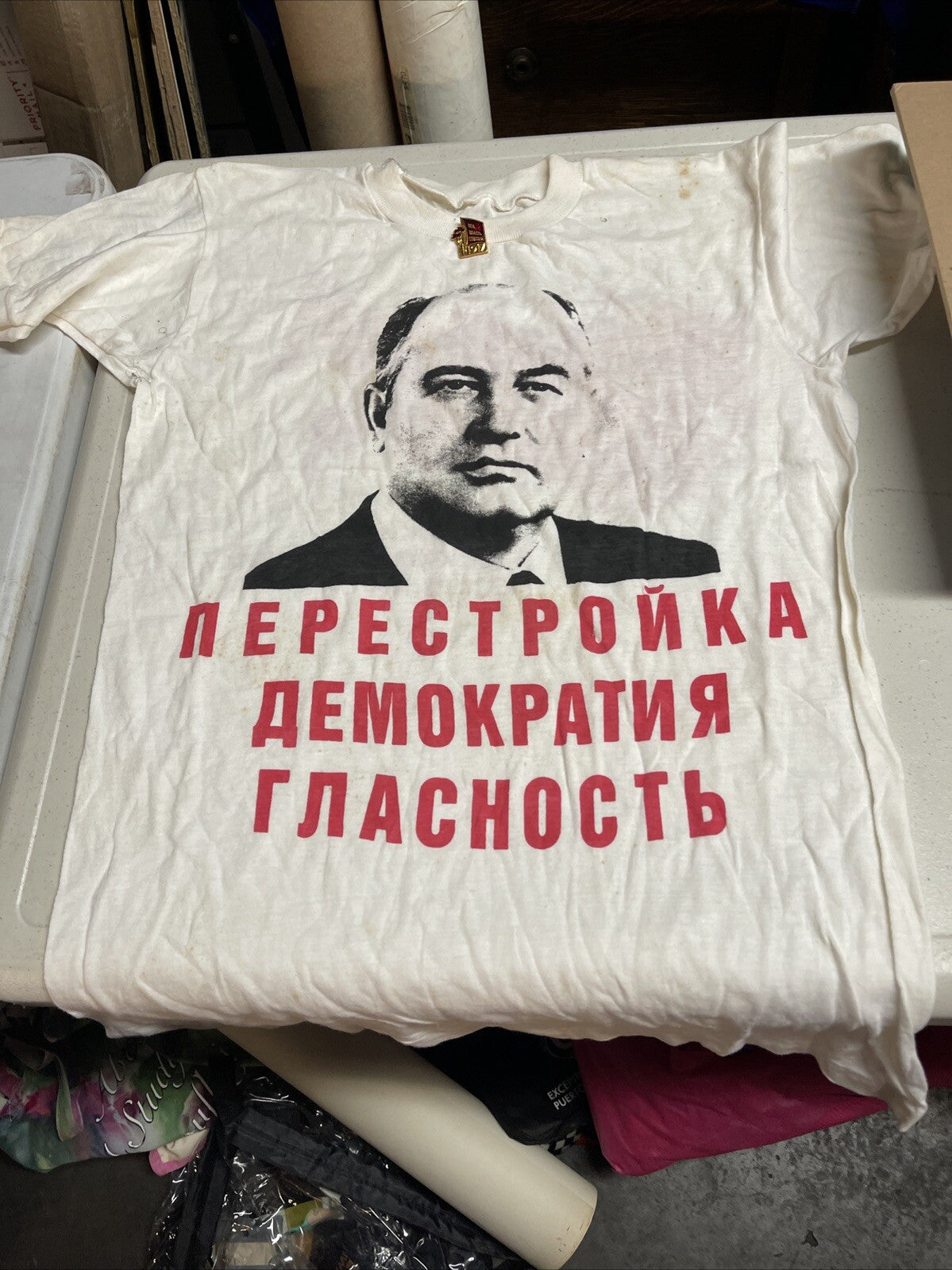 Orig. 1980s Vintage Russia Perestroika Gorbachev t-Shirt Soviet ussr Leningrad0
