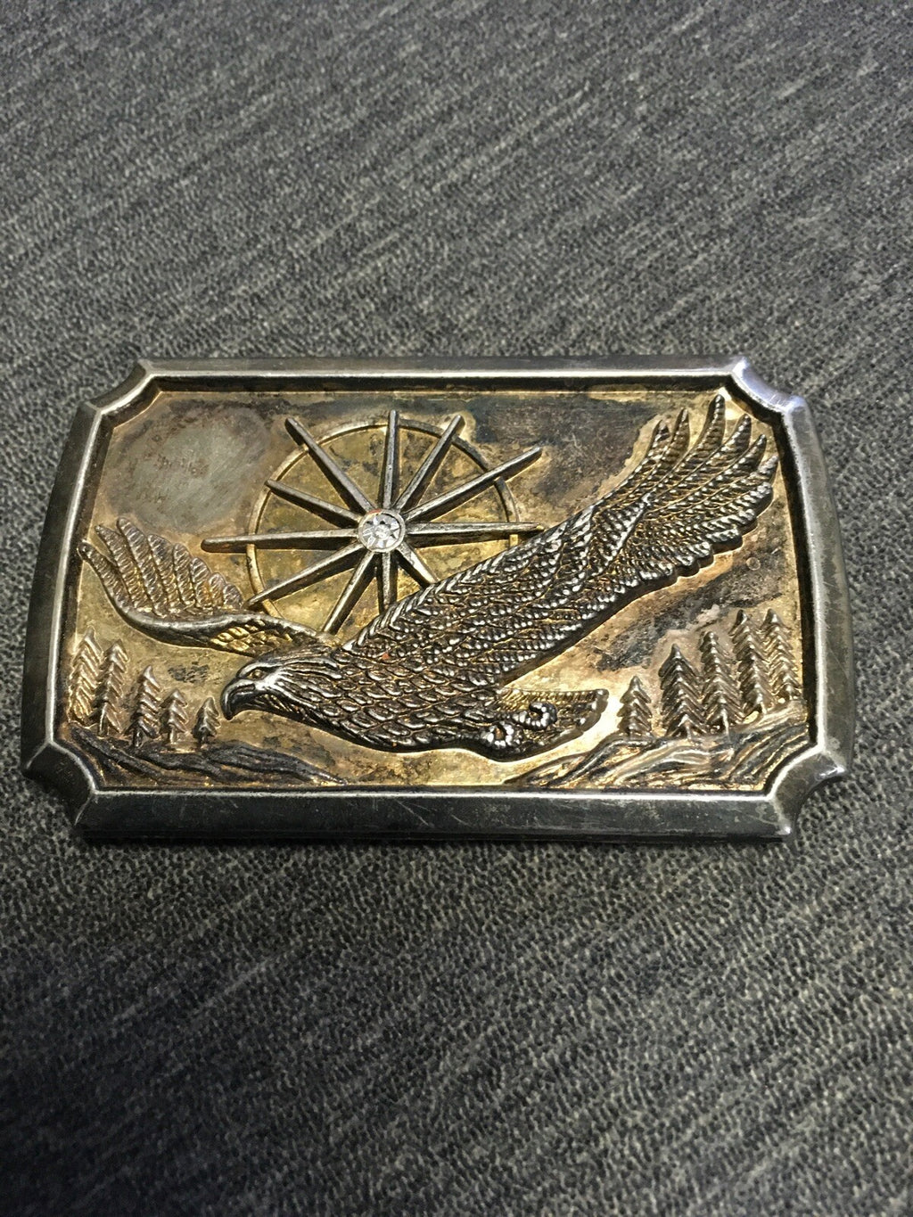 Vintage Original Metal Belt Buckle "Eagle and Jeweled Sun above Trees"1