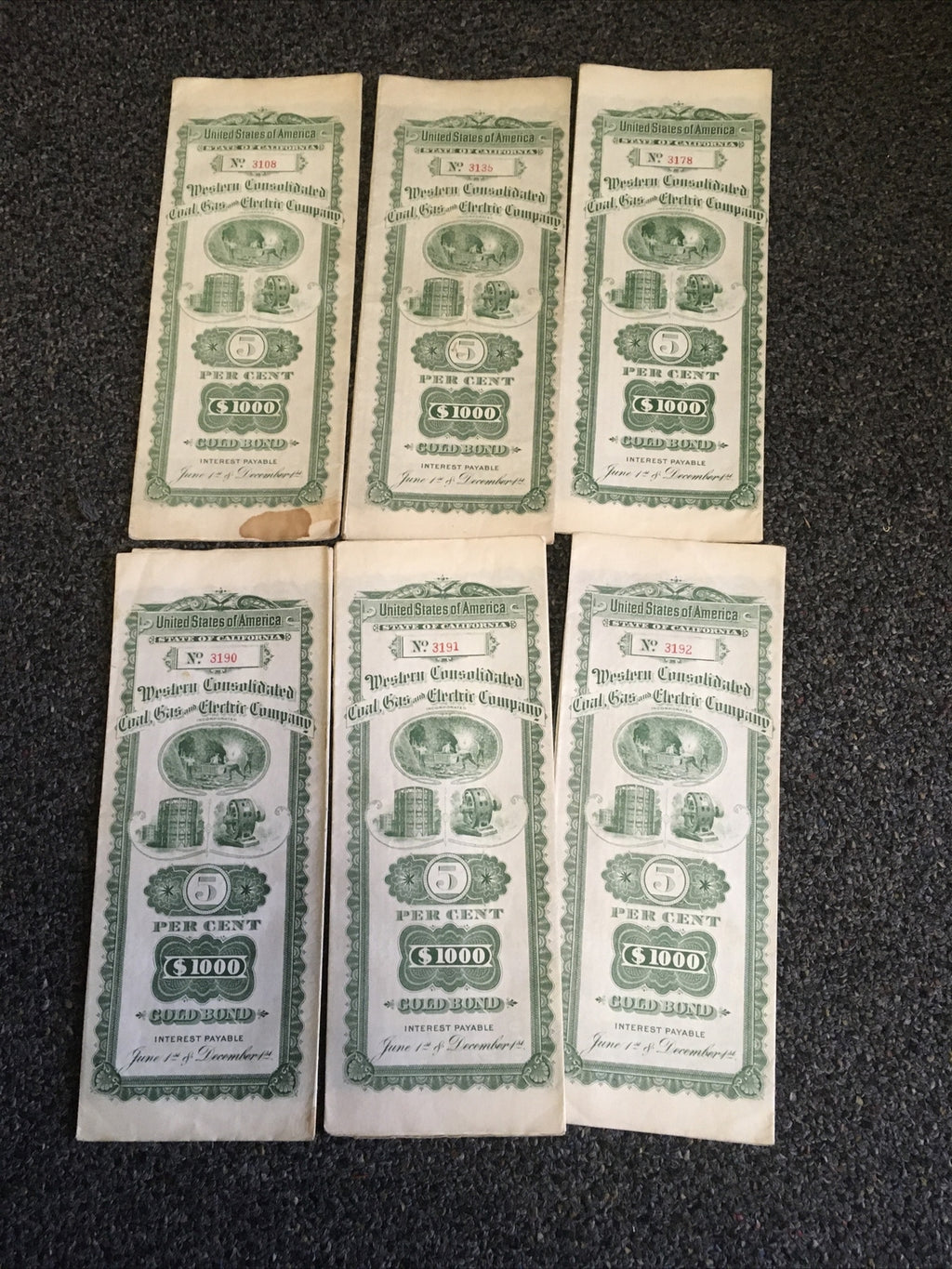 Lot Of 6 Western Consolidated Coal, Gas And Electric Company Gold Bond USA0