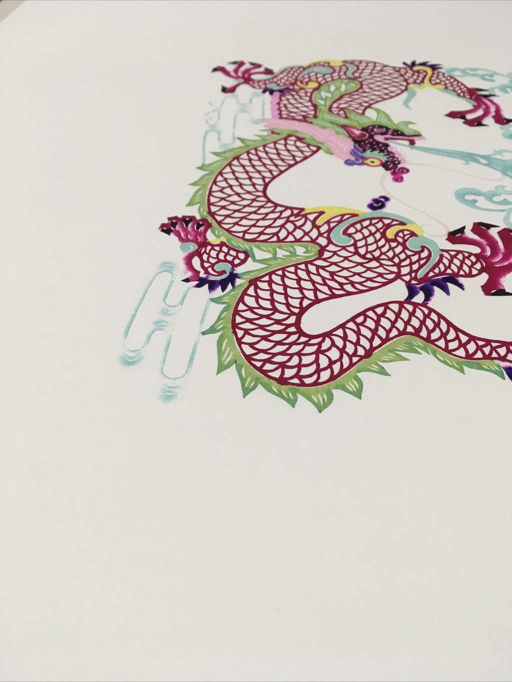 Antique Asian Chinese paper cut detailed Hand Colored Dragon/Long Blue Fire7