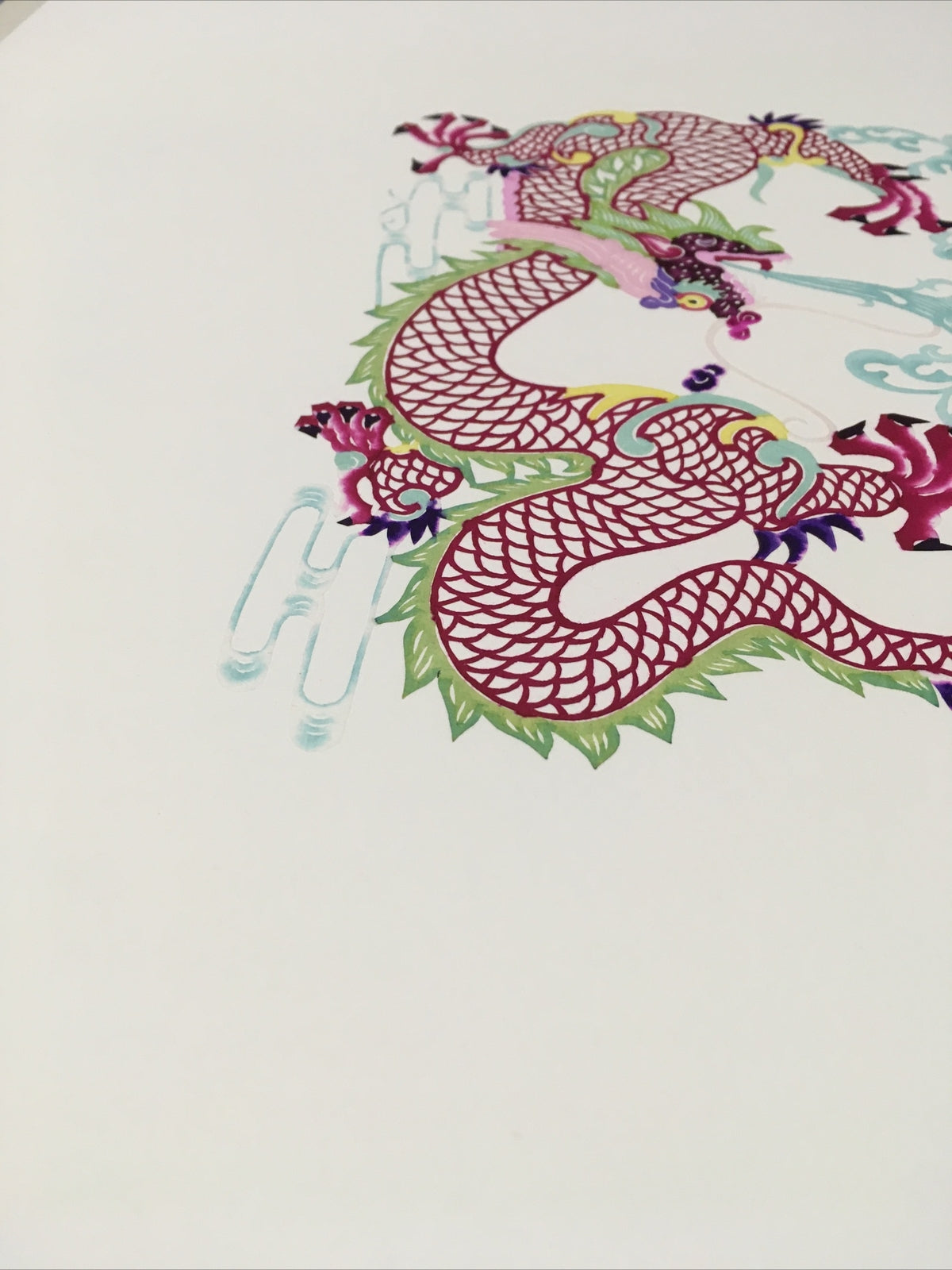 Antique Asian Chinese paper cut detailed Hand Colored Dragon/Long Blue Fire7