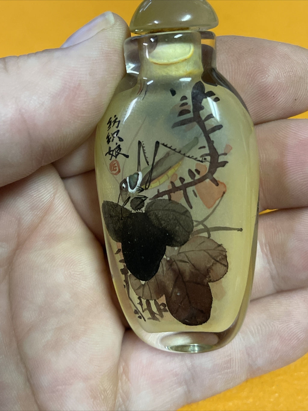 ~ Vintage Inside Reverse Painted Chinese Snuff Bottle grasshopper Signed3