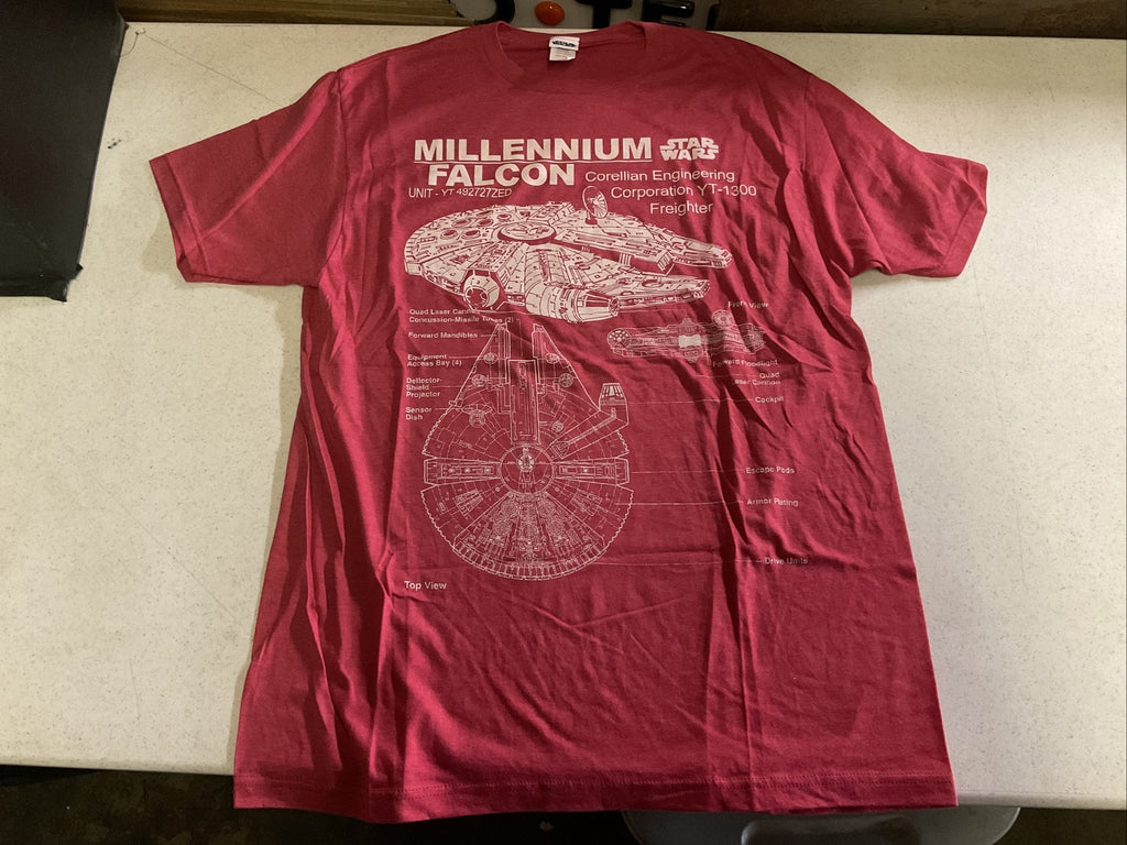Star Wars T-Shirt Mens Large Millennium Falcon Diagram Graphic Tee Heather Red0