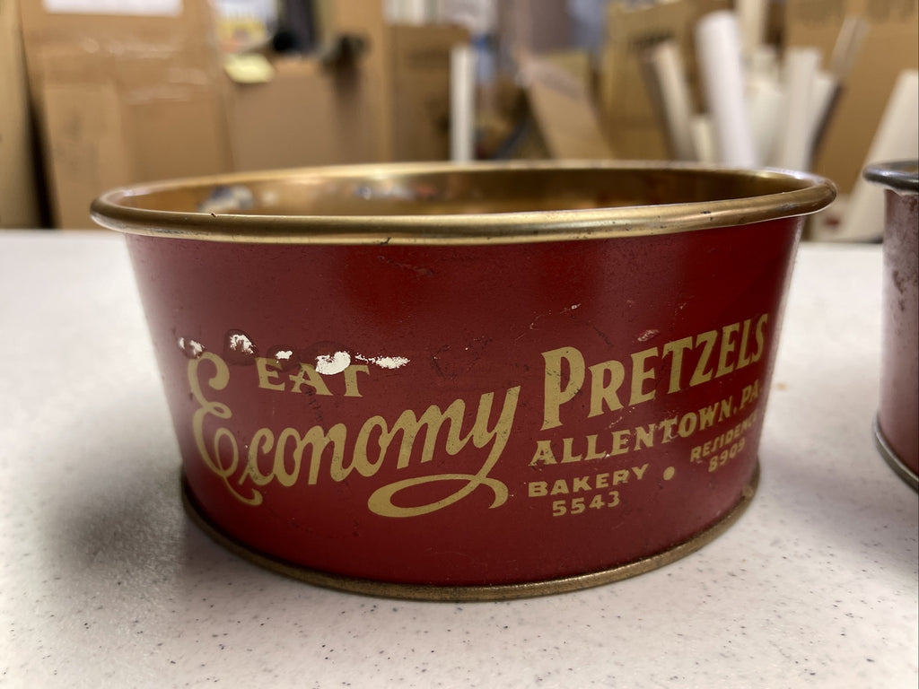 Vintage Advertising Tin Economy Pretzel Bowl Lot Of 3 1940s Allentown PA  7” Dia1