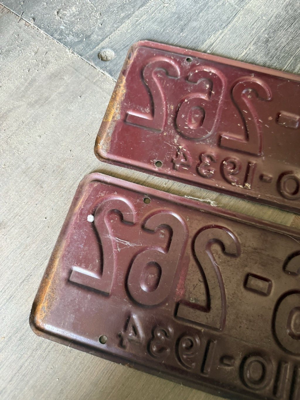 Vintage 1934 Ohio License Plate Matching Pair - Original Maroon & White7
