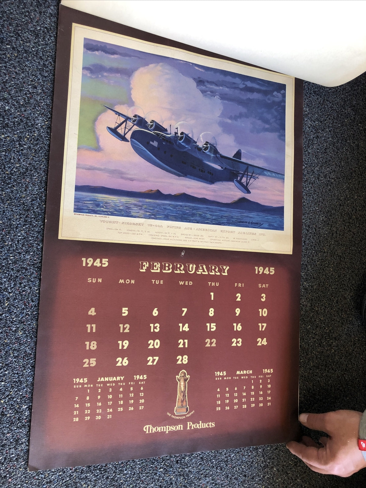 Rare 1945 Thompson Products Military Aviation Large Calendar WWII 26”X17”6