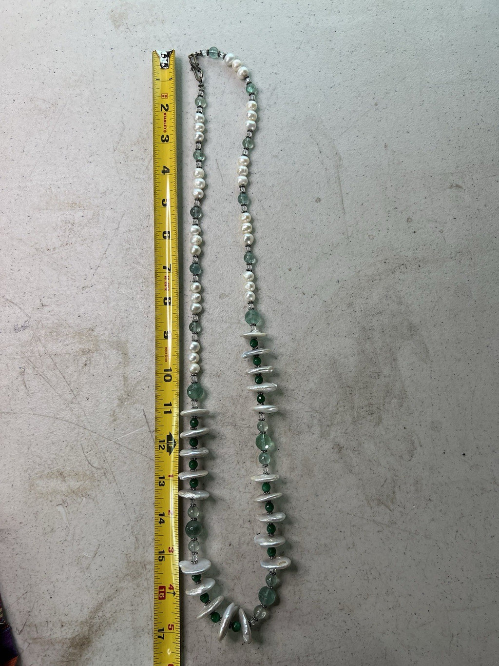 Vintage Green & Pearl Beaded Necklace w/ Shell Discs, 16.5" Handmade Clasp6