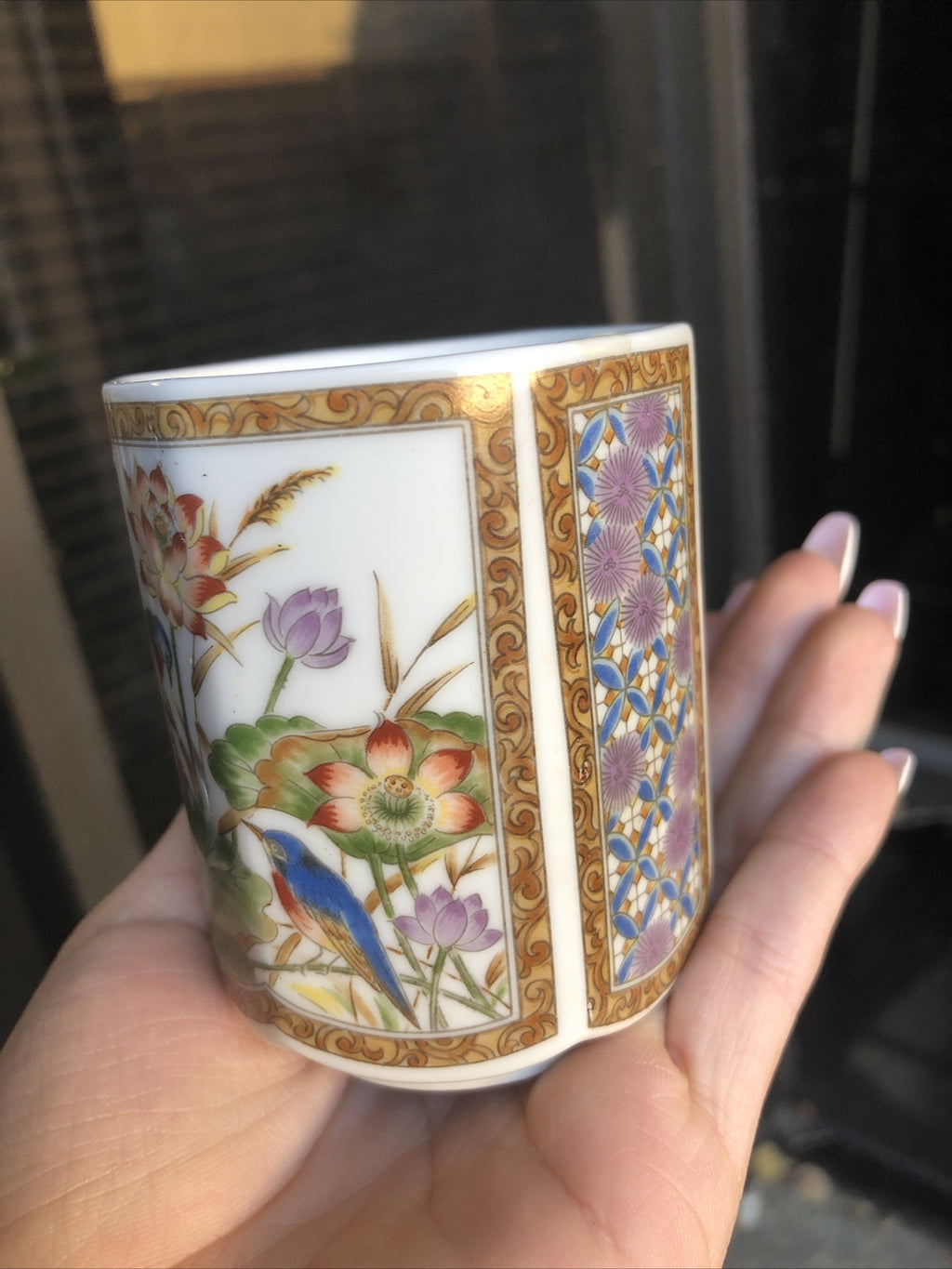 Vintage Japanese Sake / Tea Cup Blue Birds Flowers2