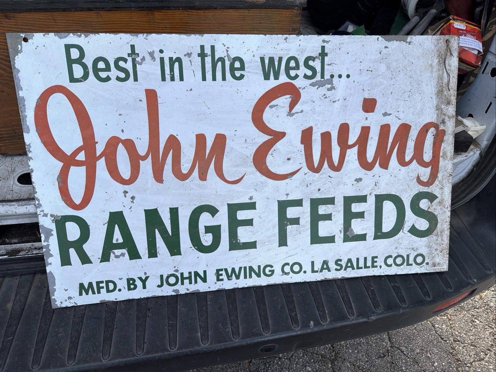 John Ewing Range Feeds Original Painted Metal Not Porcelain Sign Best In West0