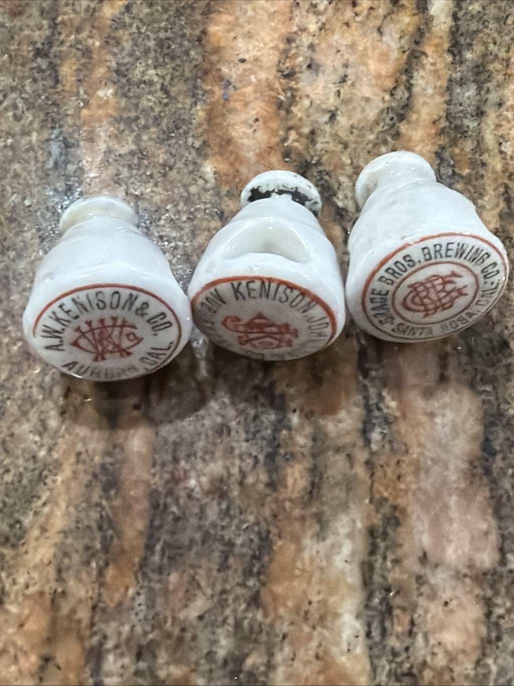 3 Pre-Prohibition Porcelain Beer Bottle Stopper Grace Bros Santa Rosa Auburn CA4