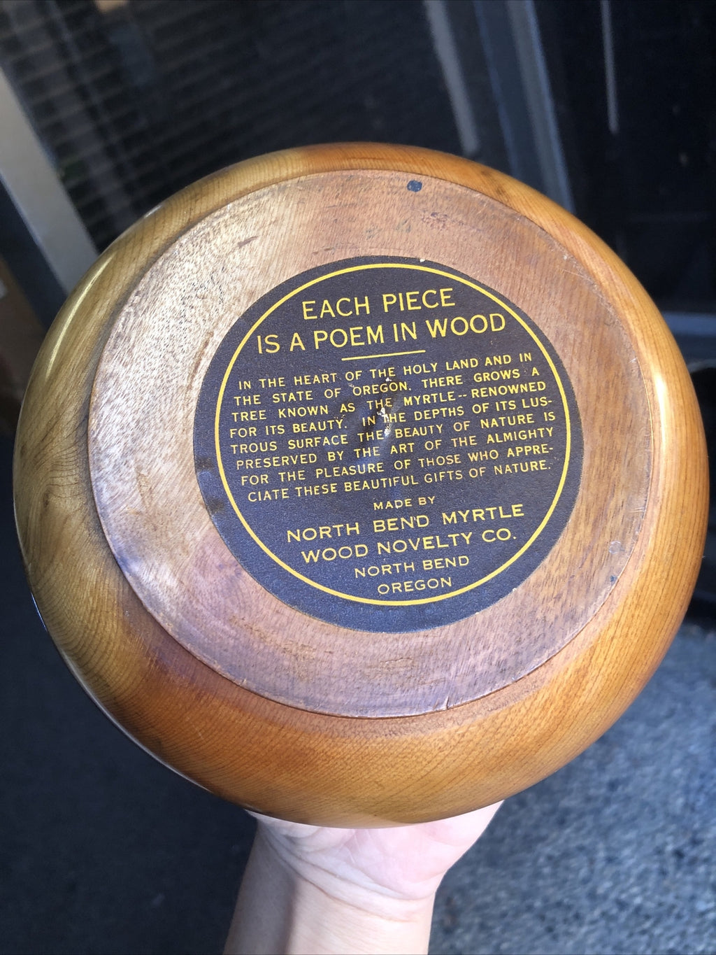 Vintage “A Poem in Wood” North Bend Myrtle Oregon Wooden Bowl 6”x2”2