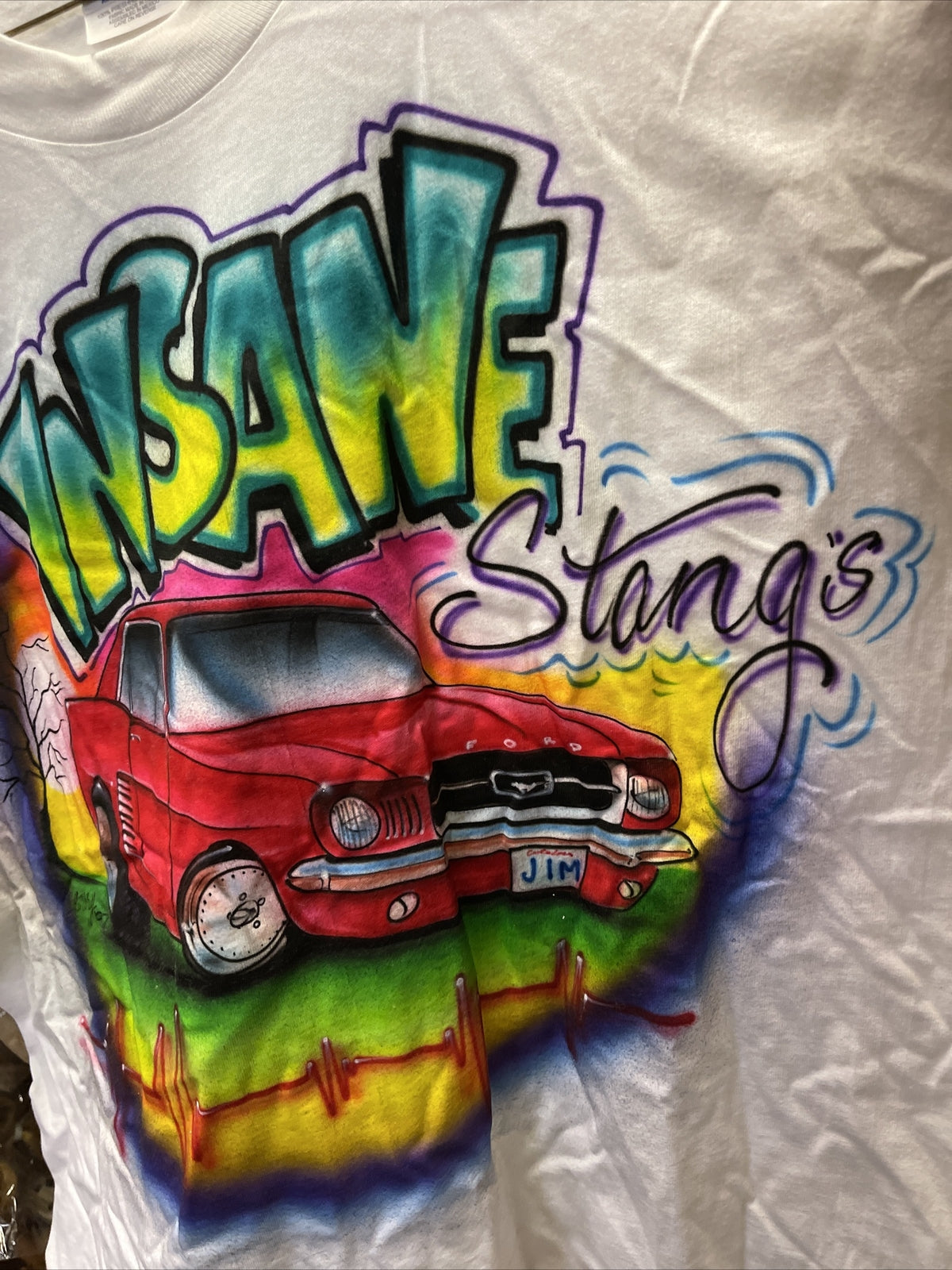 Vintage 90s Insane Stangs Ford Mustang Short sleeve Airbrushed XL Tshirt Signed1
