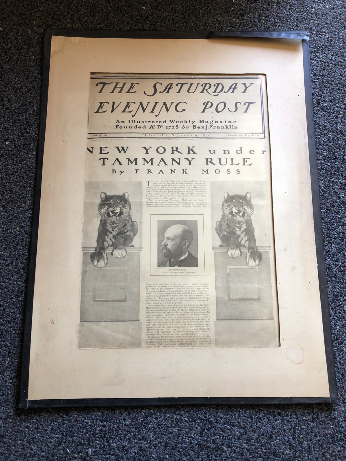 THE SATURDAY EVENING POST MAGAZINE SEP. 9, 1899 FRAMED FRONT COVER ILLUSTRATED0