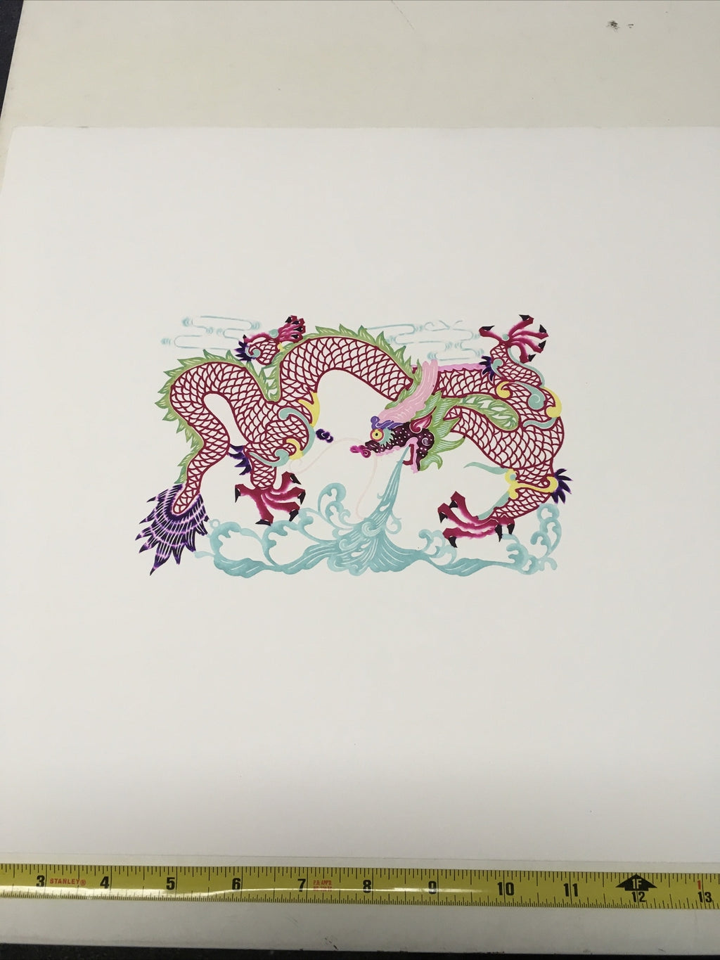 Antique Asian Chinese paper cut detailed Hand Colored Dragon/Long Blue Fire3