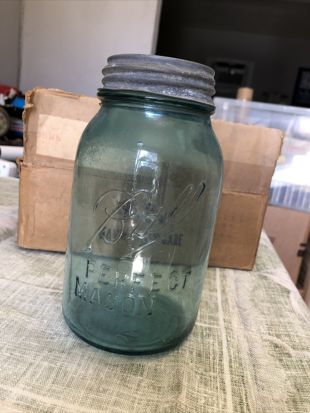 Vintage Perfect Mason Ball Aqua Canning Jar With Lid #4 A1