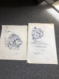 Lot Of 2 Vintage Original Indian Ink Drawings Signed By Artist Talovich 19660