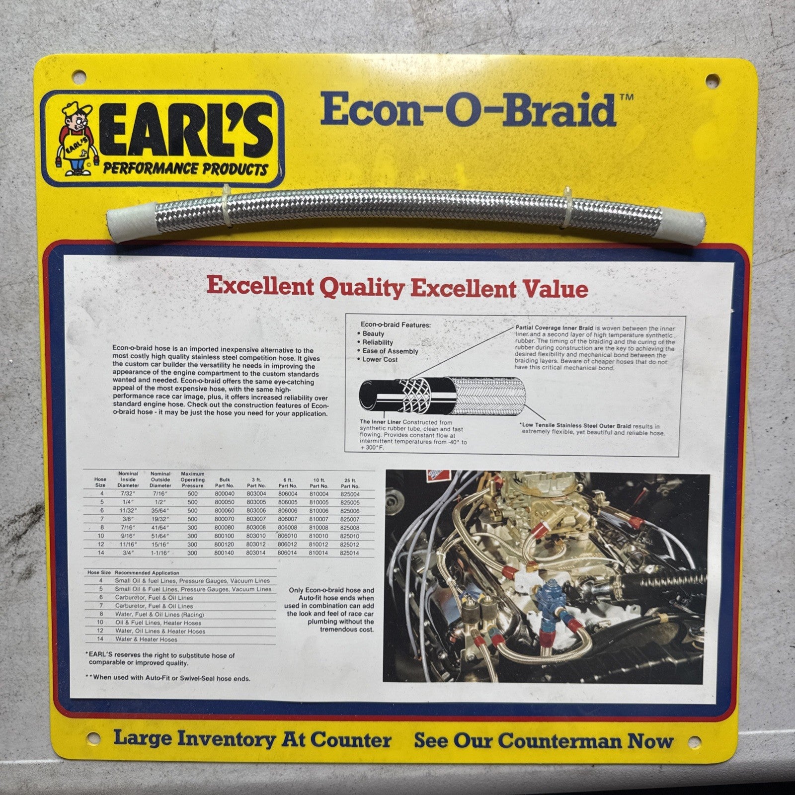 Vintage Earl’s Racing Display 15x15 – 1980s  Econ-O-Braid Hose Promo Sign0