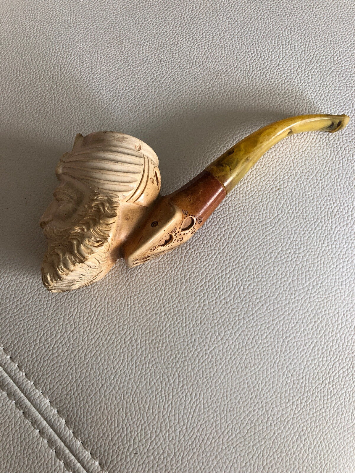 Antique Carved Figural Sultan Meerschaum Pipe High Detail Egg Yolk Stem2