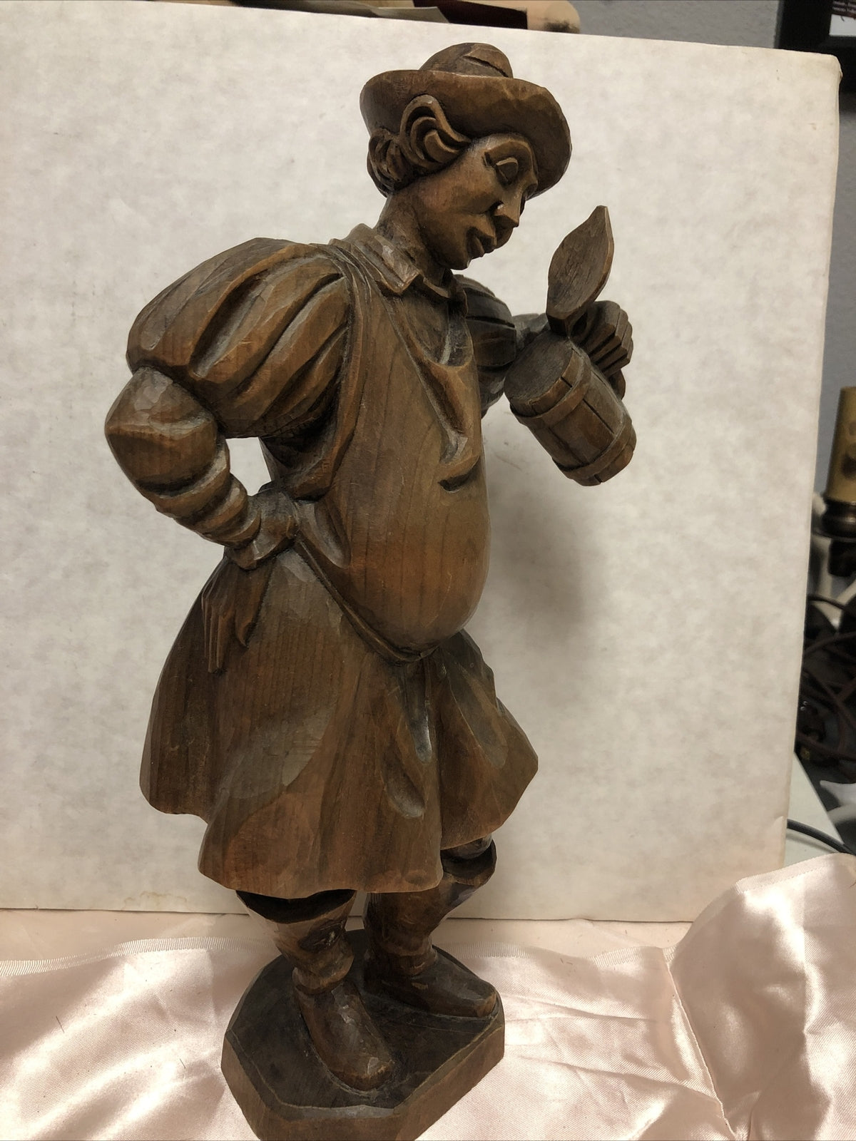 VINTAGE 12” WOODEN CARVED BEER DRINKING MONK1