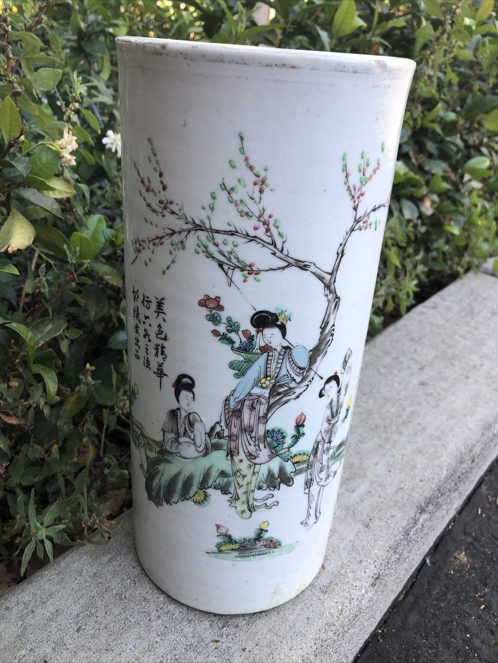 Antique Chinese Famille Rose Porcelain Hat-Stand Vase 11”x5” Family In Nature0