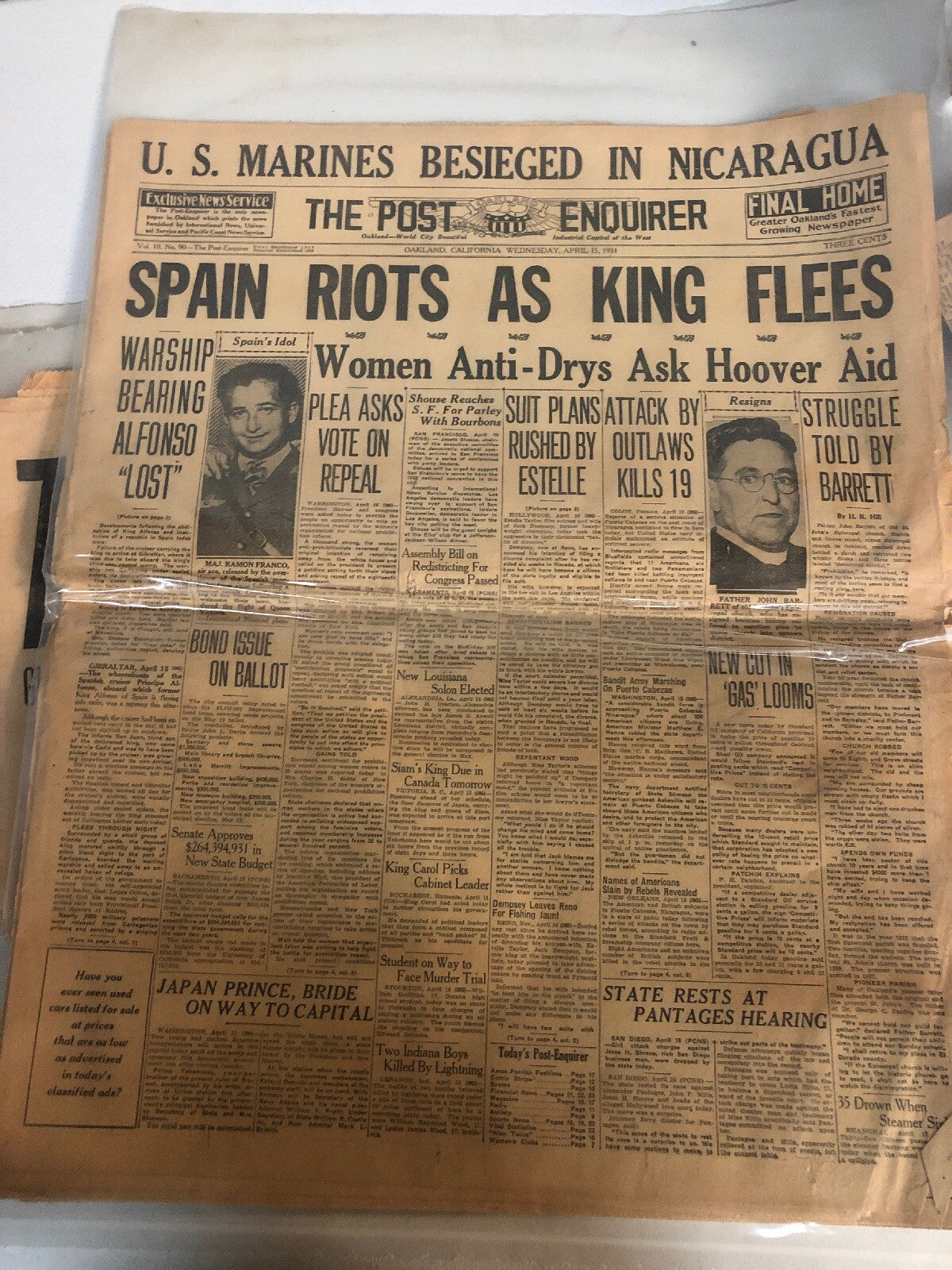 VINTAGE NEWSPAPER FROM 1931 THE Oakland Post Enquirer Calvin Collage Dead2