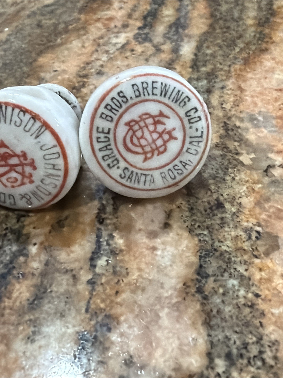3 Pre-Prohibition Porcelain Beer Bottle Stopper Grace Bros Santa Rosa Auburn CA3