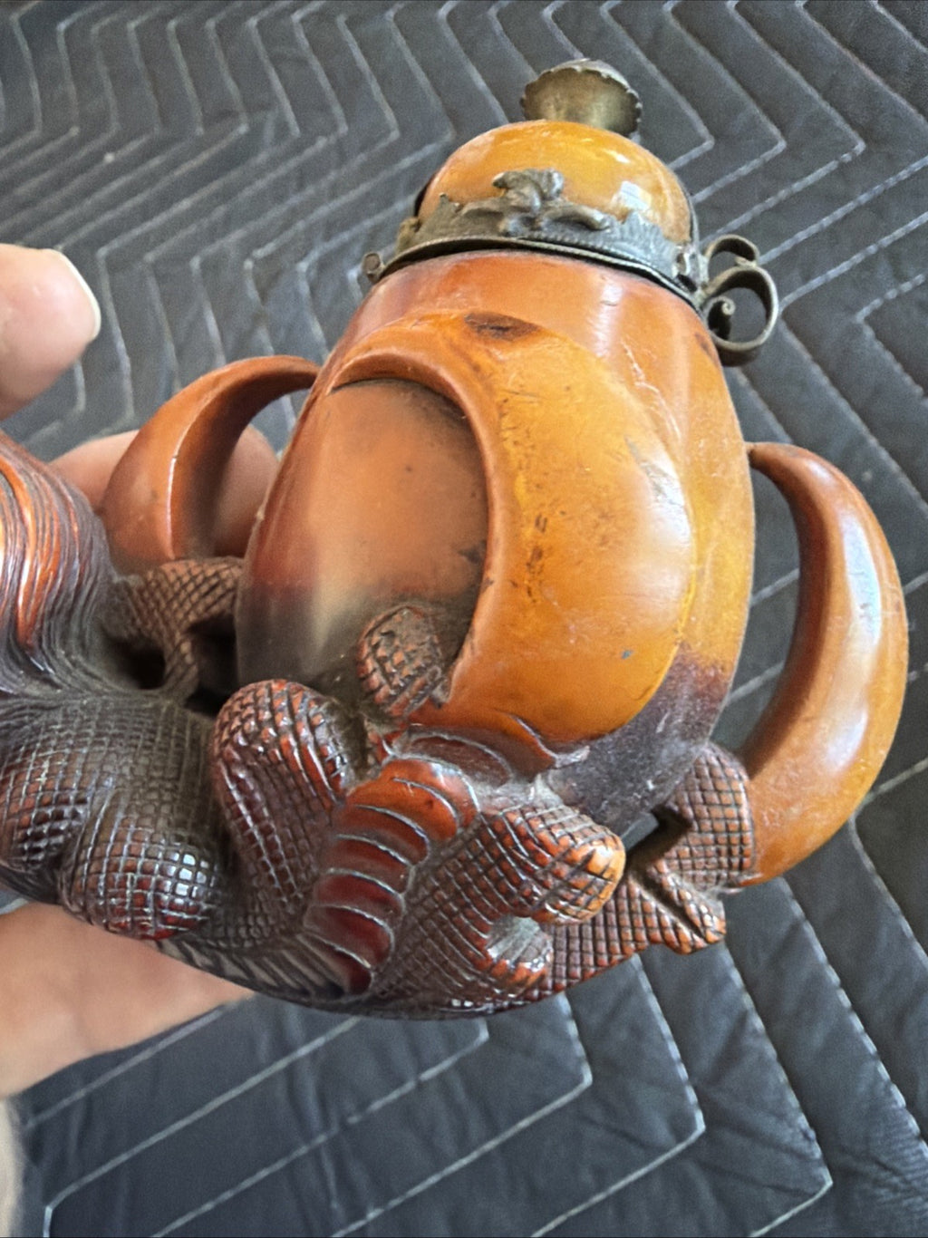 LARGE Antique 1800's carved dragon claw meerschaum pipe Egg Yolk Amber Sterling1