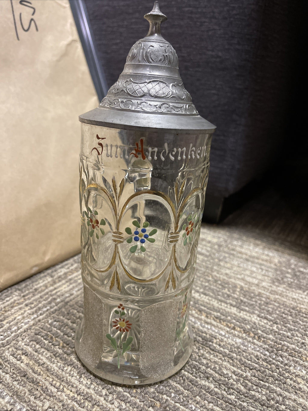 Antique Lidded Cut Glass Mug painted German Beer Stein pewter top 9”1