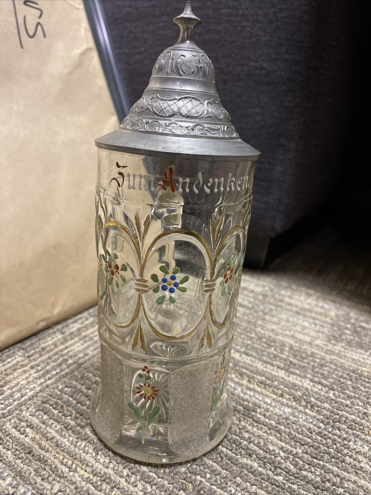 Antique Lidded Cut Glass Mug painted German Beer Stein pewter top 9”1