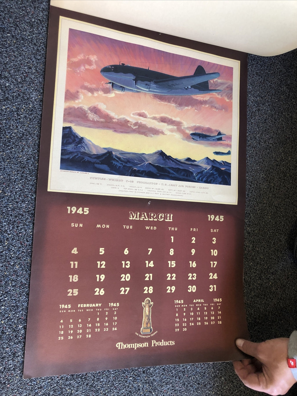 Rare 1945 Thompson Products Military Aviation Large Calendar WWII 26”X17”7