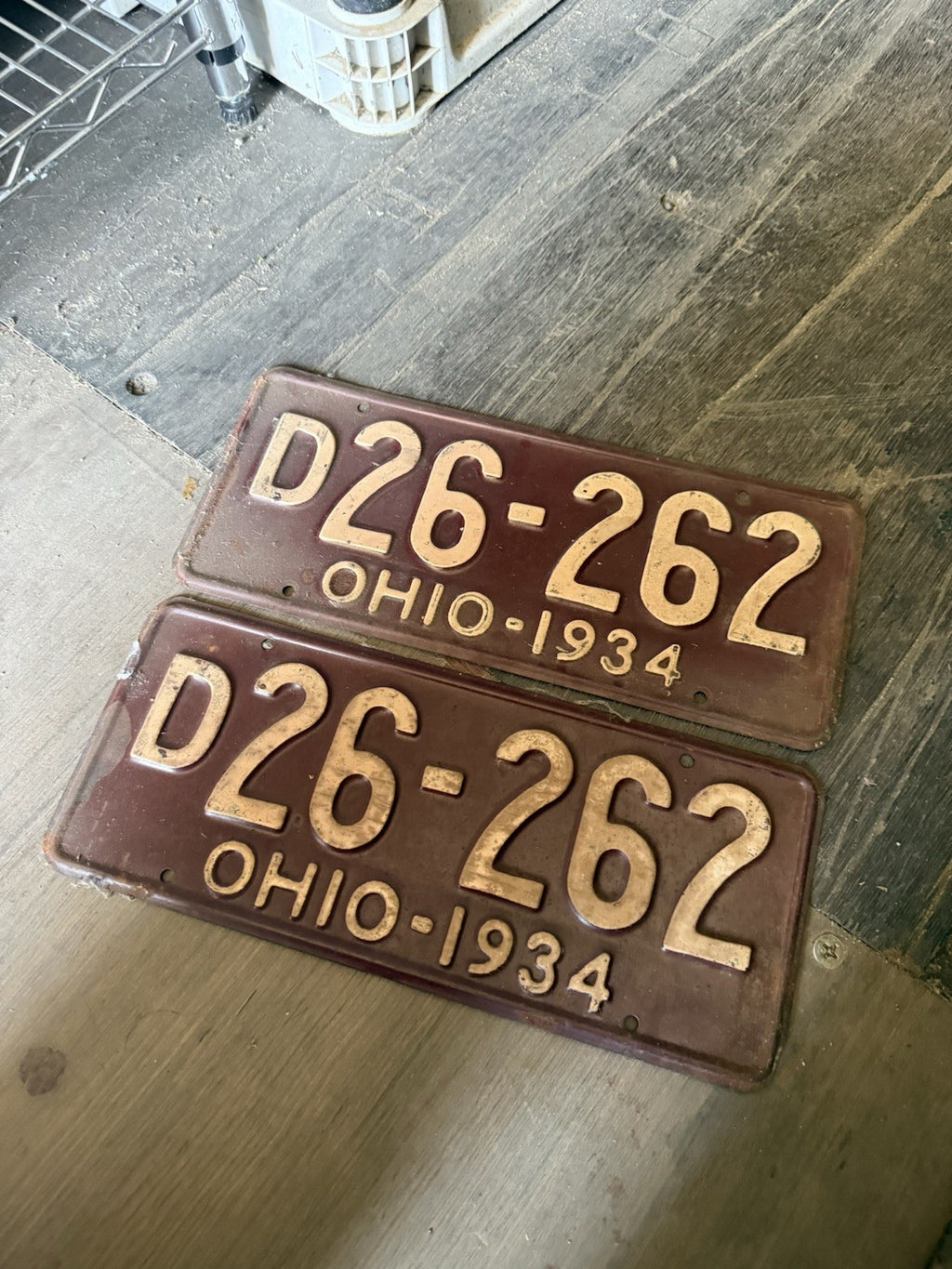 Vintage 1934 Ohio License Plate Matching Pair - Original Maroon & White1