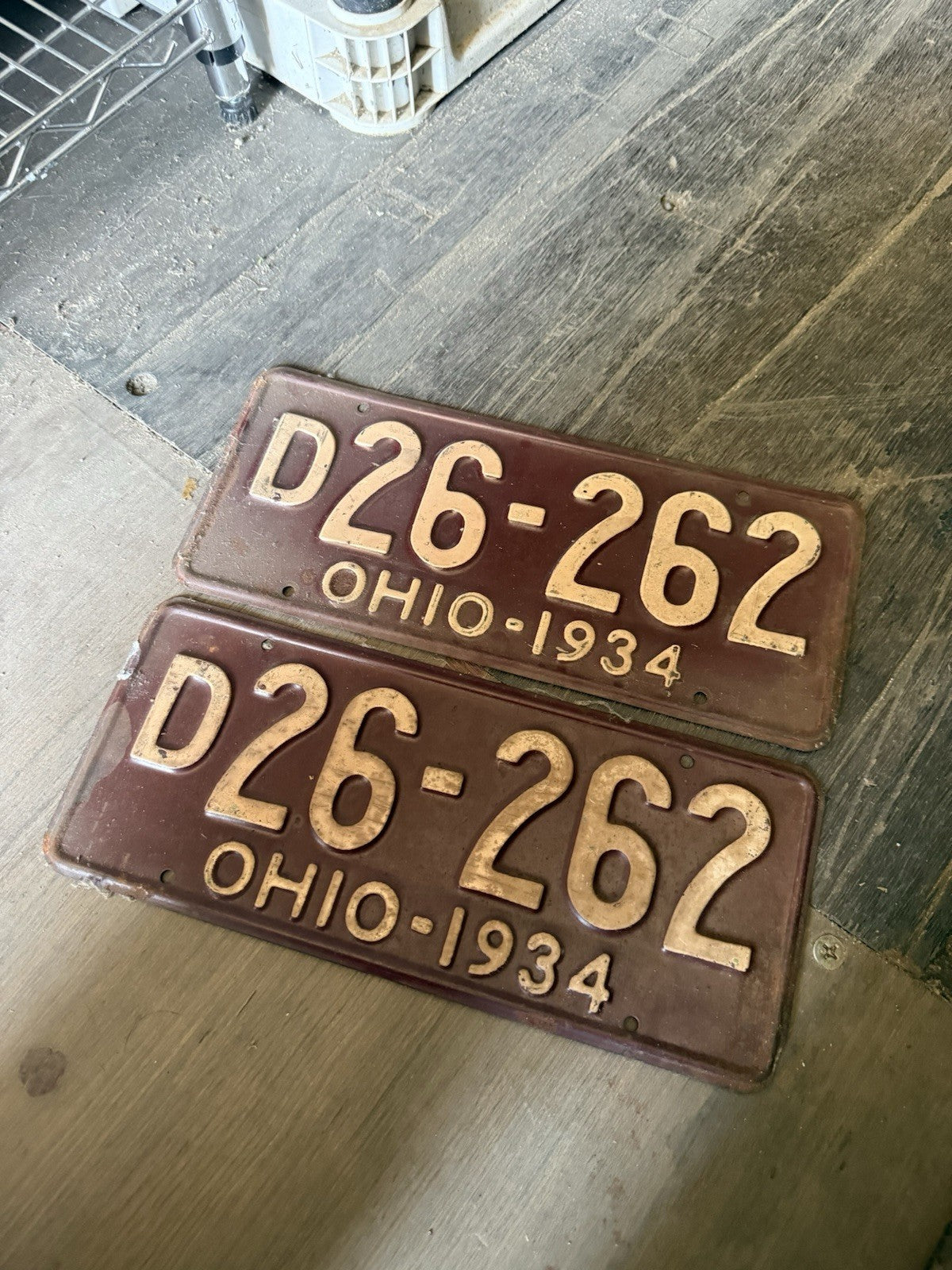 Vintage 1934 Ohio License Plate Matching Pair - Original Maroon & White1